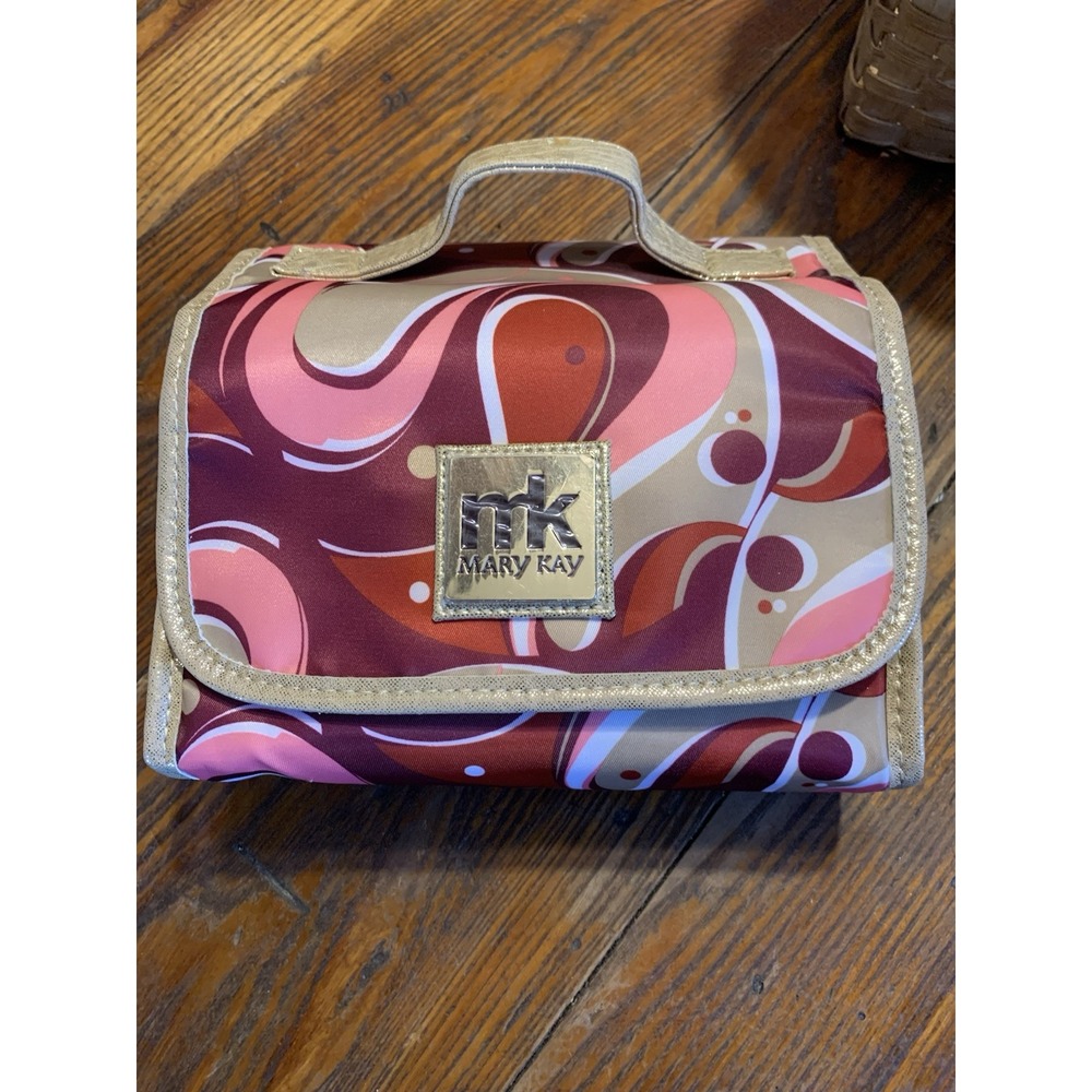 Mary Kay Travel Roll Up Cosmetic Bag Jewelry Pouch Pink Multicolor Swirl MK nwot